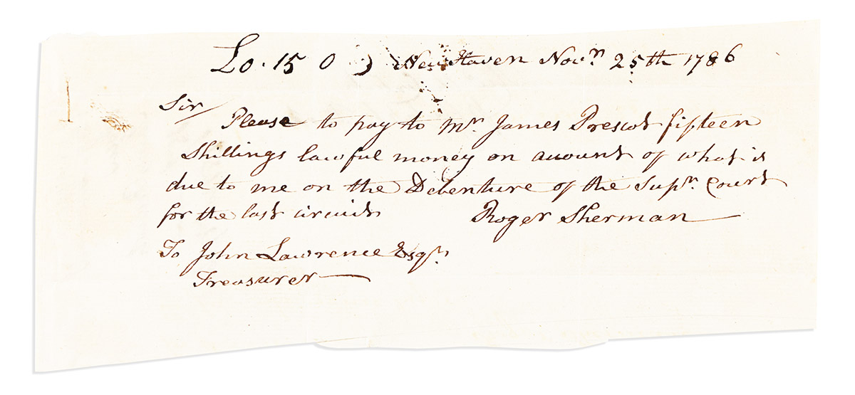 SHERMAN, ROGER. Brief Autograph Letter Signed, to CT Treasurer John Lawrence: